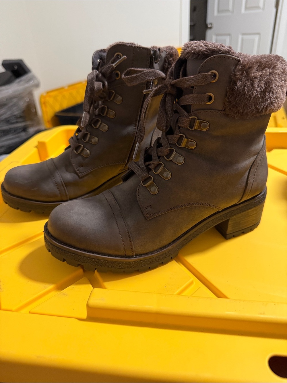 Cozy Brown Faux-Fur Lace-Up Combat Boots for Women